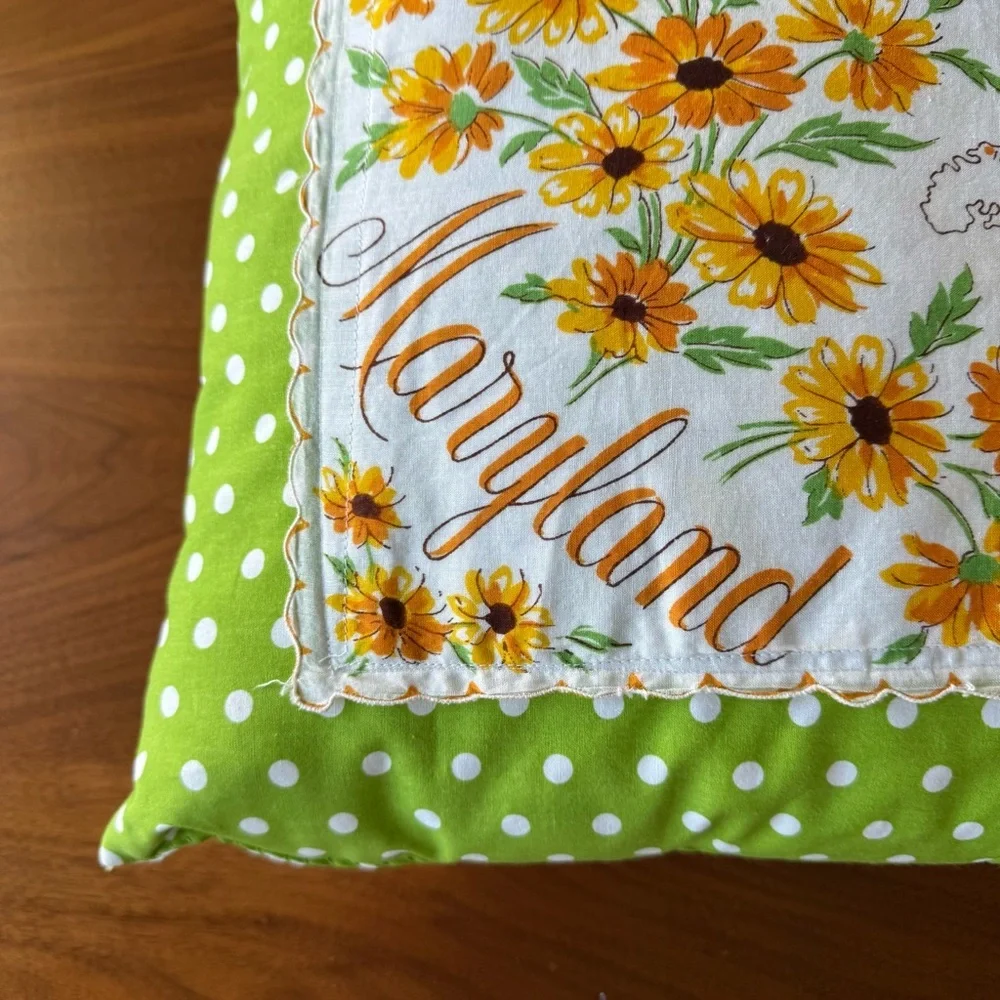 Vintage Maryland Handkerchief Pillow Shabby Chic Retro Country Cabin Decor